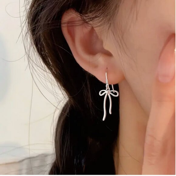 Delicate Silver Bow Dangle Stud Earrings - Picture 4 of 6